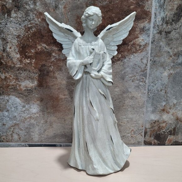 Guardian Angel Holding Lyre Harp 14 inch Tall Winged Statue Home Decor